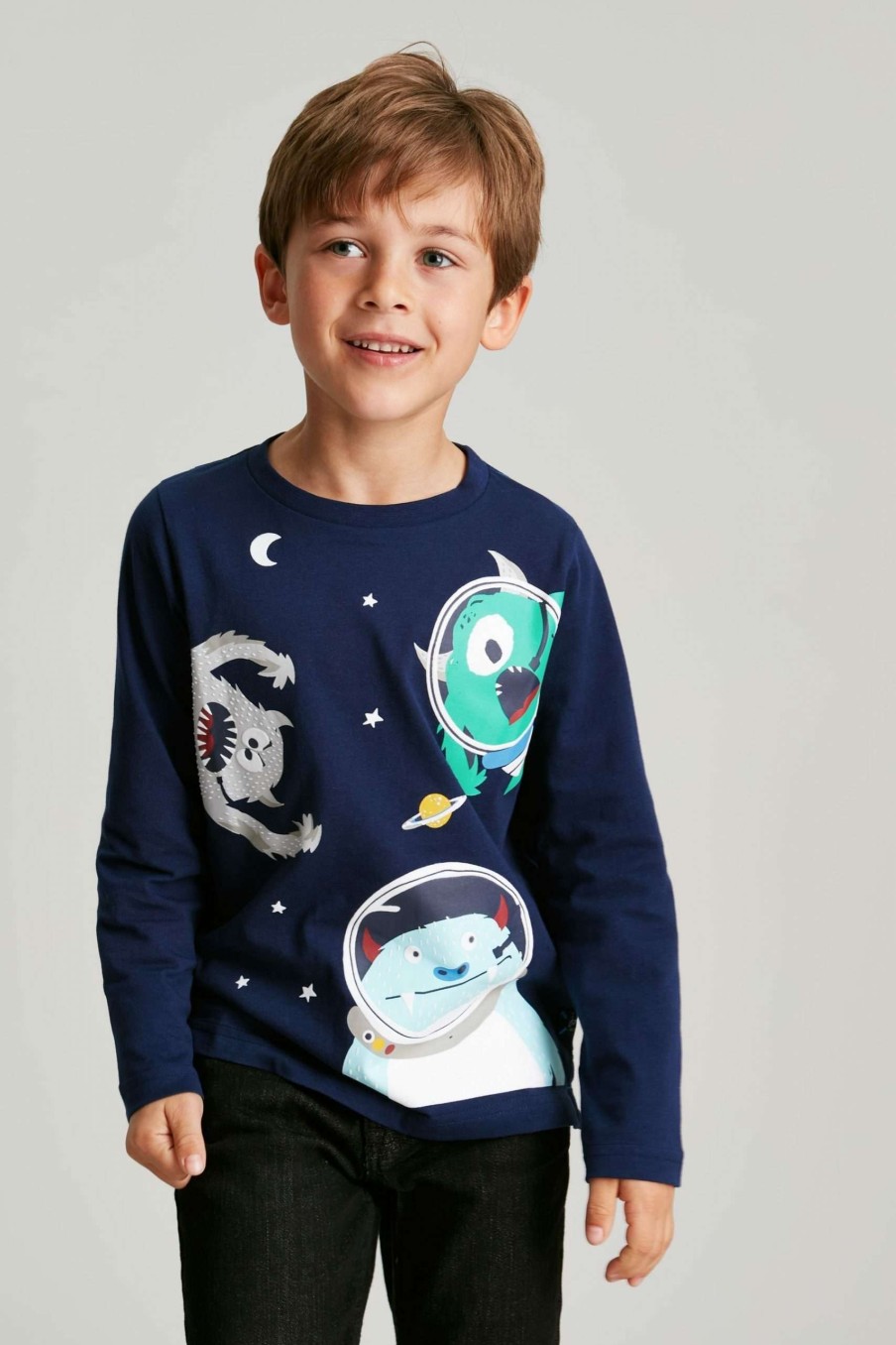 Apparel * | Joules Blue Finlay Long Sleeve Screenprint T-Shirt Shop