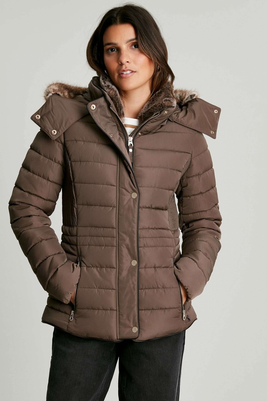 Apparel * | Joules Brown Gosway Fur Trim Padded Coat Promotion