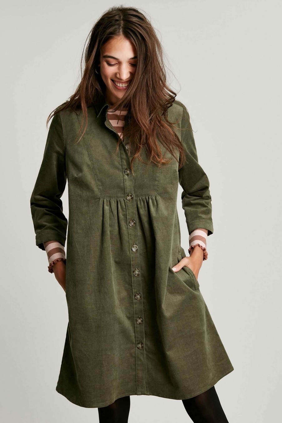 Apparel * | Joules Green Harlow Cord Button Through Dress Online Store