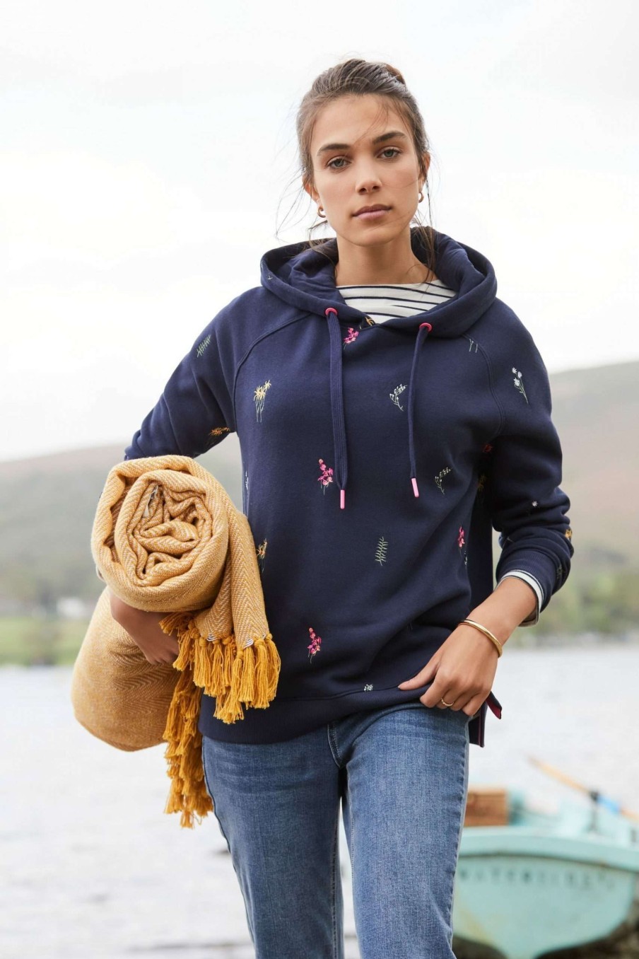 Apparel * | Joules Blue Rowley Embridered Raglan Hooded Sweatshirt Cut Price