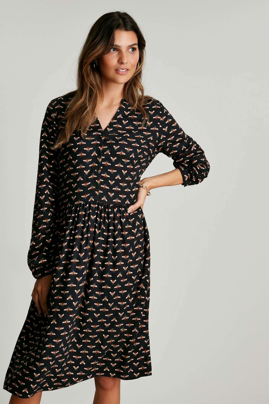 Apparel * | Joules Sophia Black Half Placket Shirt Dress 100% Guarantee