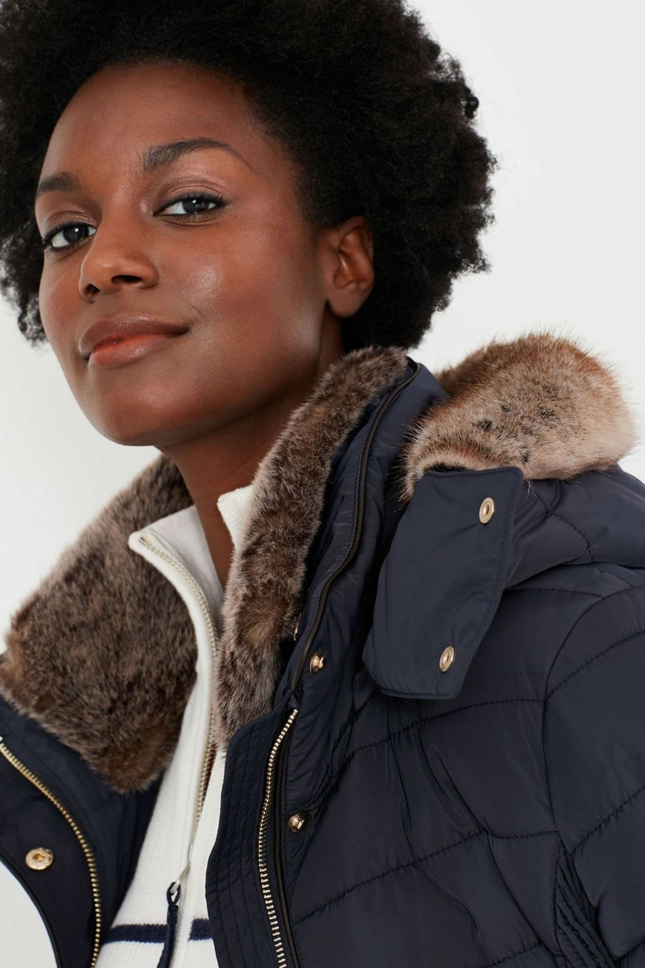 Apparel * | Joules Blue Gosway Fur Trim Padded Coat Closeout Sale