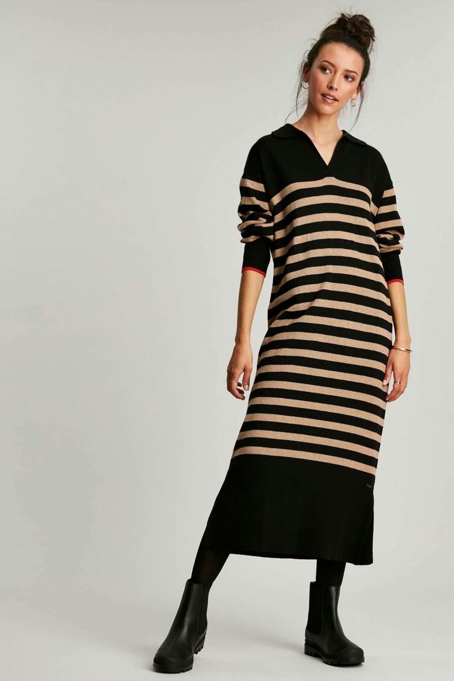 Apparel * | Joules Casey Open Collar Striped Black Knitted Midi Dress Special