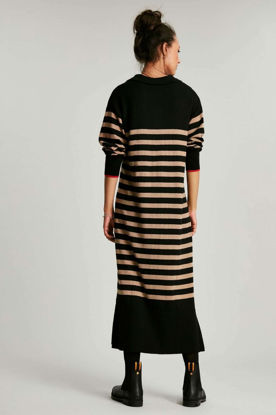 Apparel * | Joules Casey Open Collar Striped Black Knitted Midi Dress Special