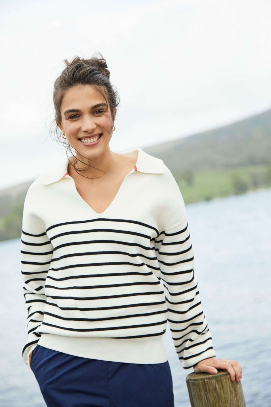 Apparel * | Joules Alyssa White Collared V-Neck Jumper Cheap Online