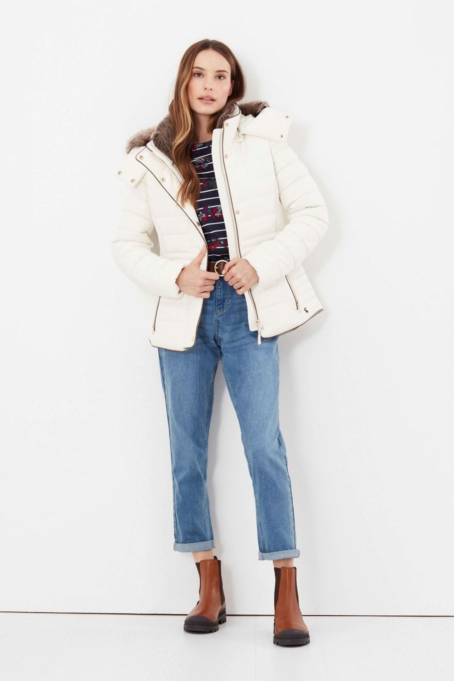 Apparel * | Joules Gosway Faux Fur Trim Padded White Coat Cut Price