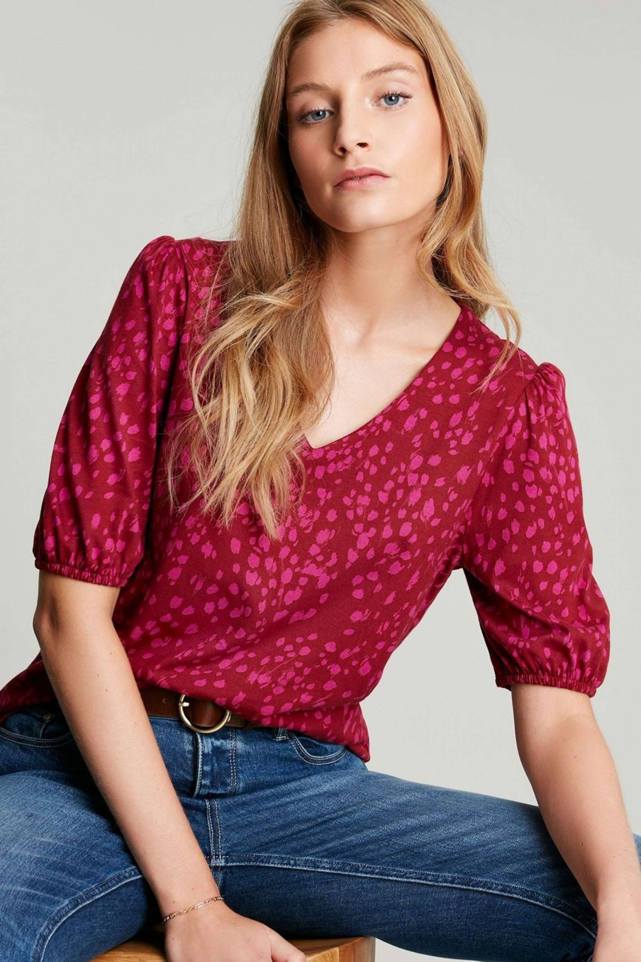 Apparel * | Joules Red Jasmine V-Neck Blouse Original