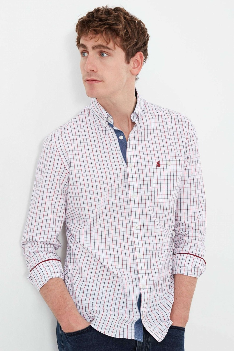 Apparel * | Joules Red Abbott Long Sleeve Classic Fit Peached Poplin Shirt Discounts